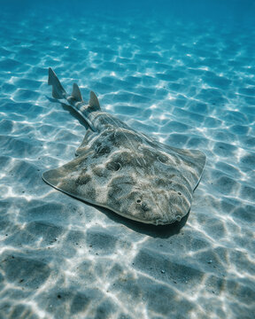 Angel Shark Resting on a Rippled Sandy Seabed in Clear Blue Water