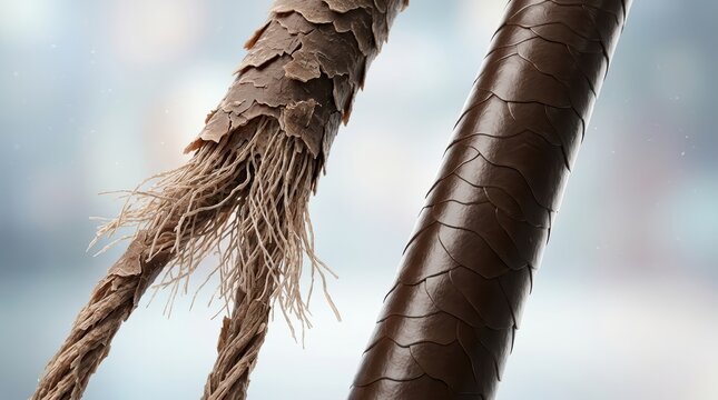 Hair follicle structure comparison showing damaged split end strand next to healthy smooth cuticle shaft for hair care treatment research and cosmetics
