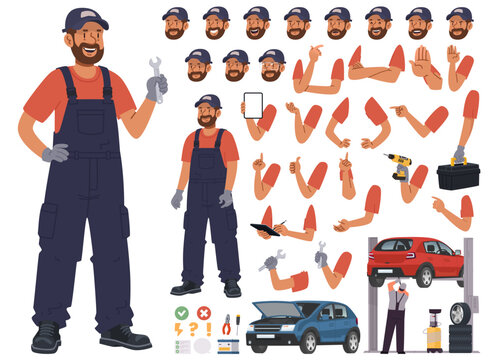 Auto mechanic character constructor set with tools, poses and car repair scenes. Vector illustration in a flat style
