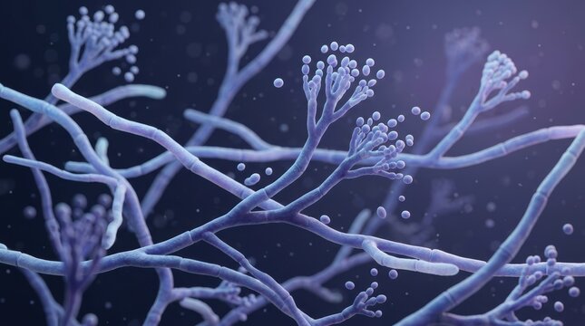 Microscopic view of Penicillium mold culture growing on petri dish, showing hyphae and spores for medical science and antibiotic research.