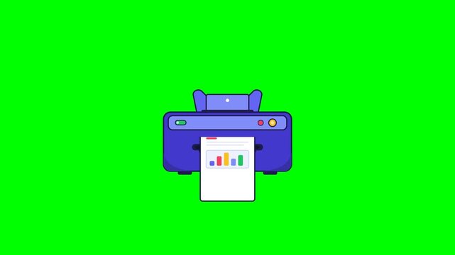 Modern vibrant flat vector office printer animation featuring paper feeding and bouncy checkmark on chroma key green background.