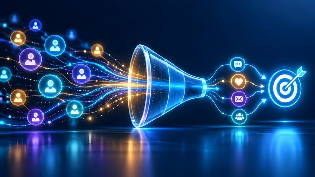 Conceptual digital marketing sales funnel representing lead generation and customer conversion process with glowing icons moving towards a target on a dark blue technological background.
