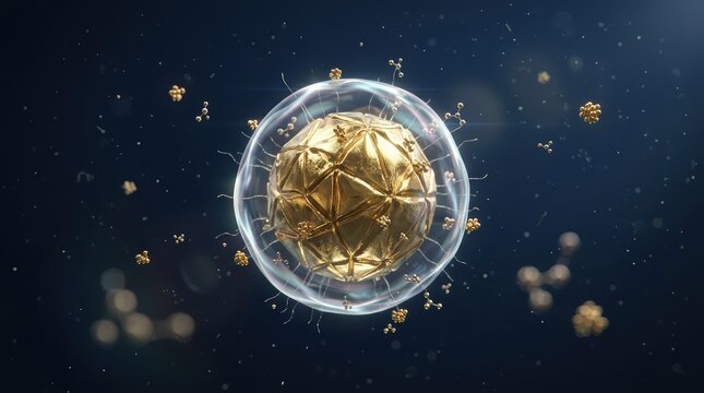Microscopic visualization of golden viral particle structure surrounded by molecular elements and protein strands for advanced medical study and biotechnology.