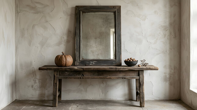 Minimalist wooden console table with a large mirror and single pumpkin against a textured wall interior design rustic decor home styling still life living room farmhouse style