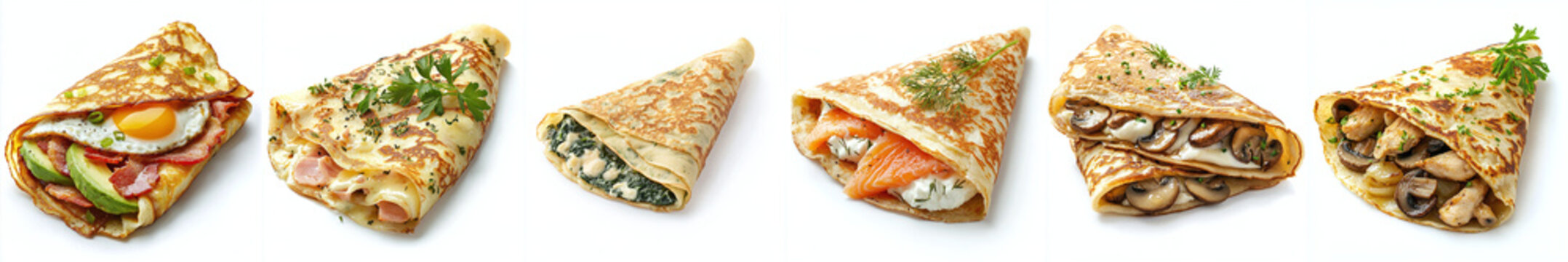 Set of thin pancakes with various fillings: salmon, greens, mushrooms, chicken, avocado, and egg, isolated on a transparent background PNG, clipping path, template, mockup, cut out