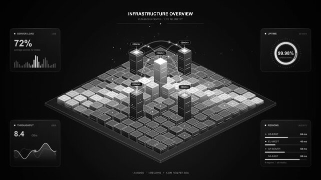Isometric Cloud Infrastructure Dashboard with Data Center Servers Grid, Server Load, Uptime Metrics, and Global Network Latency Visualization