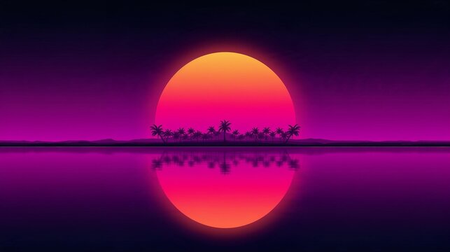 Retro 80s outrun landscape with a glowing gradient sun and dark purple sky.