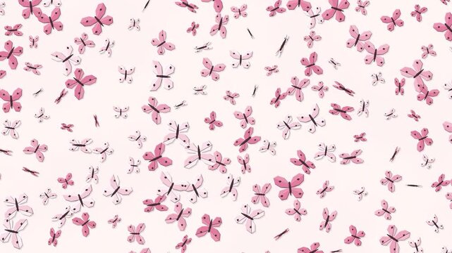 Pink folded paper butterflies flapping their wings at their own pace across a warm white backdrop, seamless spring background loop