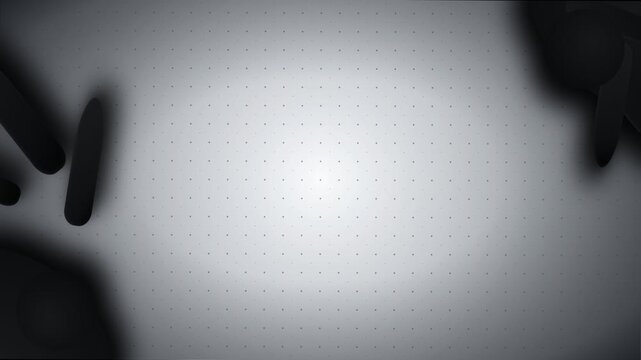 Dark geometric elements frame a glowing dotted grey surface in this futuristic digital composition featuring sleek spatial forms hovering across the illuminated display screen panels