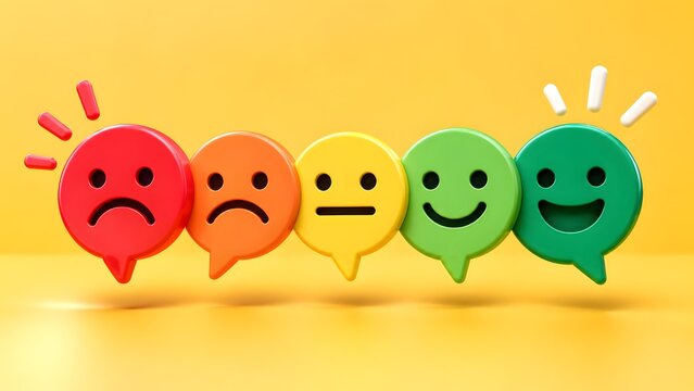 Row of 3D speech bubbles featuring emotion faces from angry red to happy green representing customer satisfaction scale