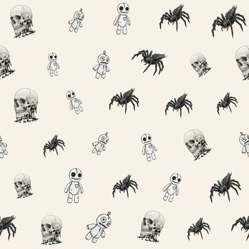 Seamless spooky pattern featuring skulls spiders and voodoo dolls on transparent background