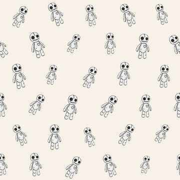 Seamless vector pattern featuring cute spooky voodoo dolls on transparent background