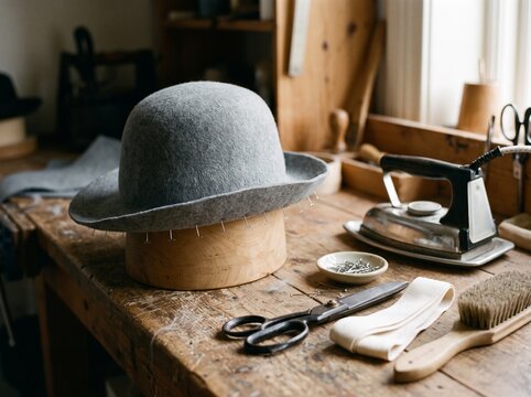 Felt hat on a wooden hat block with millinery tools