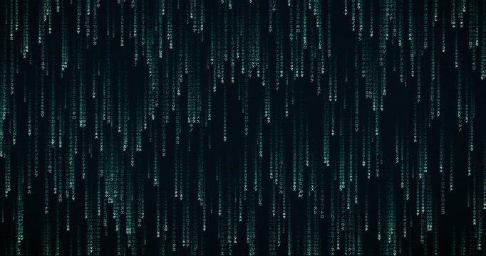 Japanese katakana characters cascade down in a dense, teal-hued code storm animation.