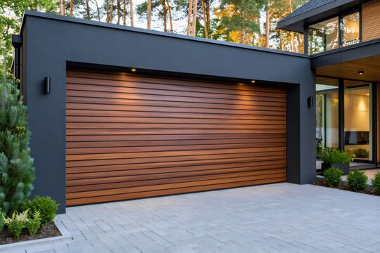 Modern house garage featuring wooden gate and driveway