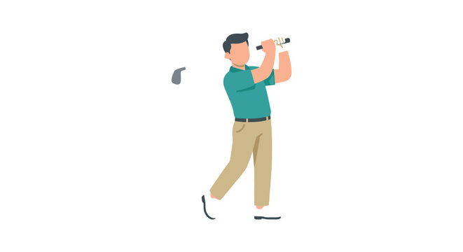Golfer swinging a club is depicted in a flat vector illustration with a white background