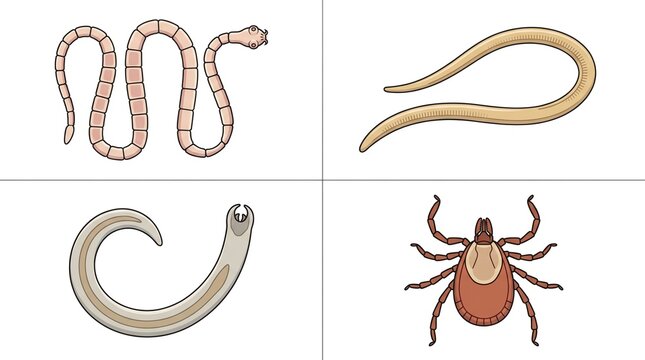 Parasites and worms vector collection featuring tapeworm roundworm fluke and tick. Educational medical illustration displaying parasite species on white background for biology textbooks