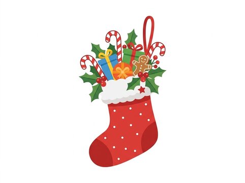 Red Christmas stocking full of festive gifts and candies for winter holiday design