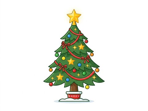Decorated Christmas tree with glowing star and colorful ornaments for winter holiday greeting card design