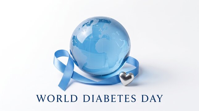 Prompt give me unicuq world diabetes day concept with blue globe and ribbon