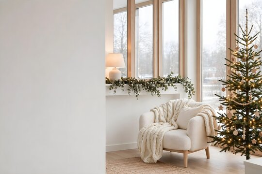 Minimalist Scandinavian Living Room With Slim Christmas Tree and Cozy Knit Textiles