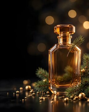 Amber Glass Perfume Bottle With Pine Sprigs and Gold Ornaments, Luxury Christmas Gift
