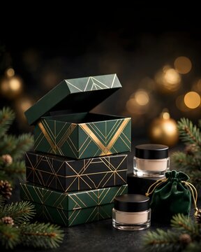 Stacked Gold Foil Gift Boxes With Cosmetics, Luxury Christmas Packaging Display