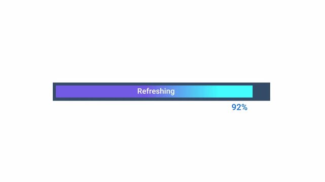 Minimal flat vector animation of a purple and blue gradient progress bar with a refreshing status label on a transparent background, ideal for software refresh processes, data updates, system maintena