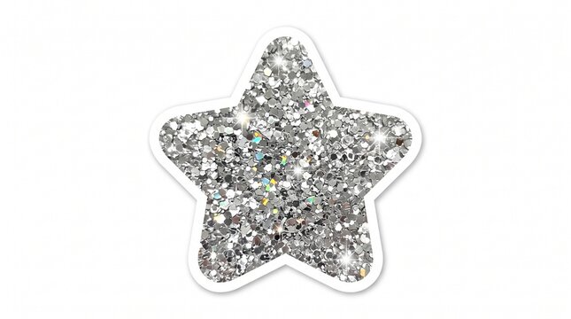 Silver glitter star sticker with sparkly texture on white background