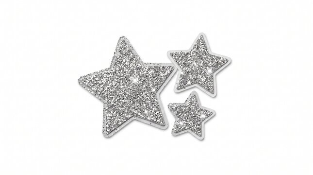Holiday silver glitter stars with copy space on white background