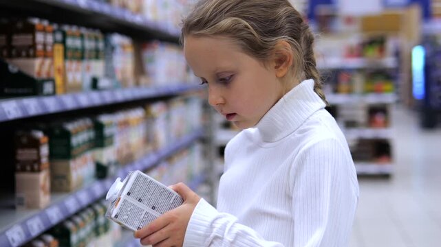 Girl carefully examines carton packaging while shopping in supermarket, her expression thoughtful and intent. Young consumer reads printed details and rotates item beside stocked grocery shelves.