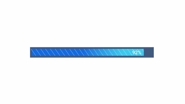 Minimal flat vector animation of a blue gradient progress bar with a striped fill and percentage indicator on a transparent background, ideal for software loading screens, data processing interfaces, 