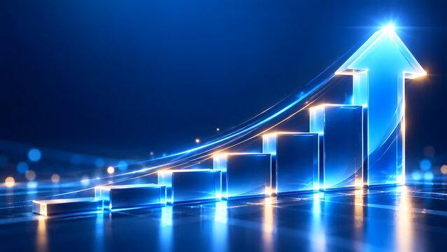 Abstract 3D business growth bar chart with glowing blue arrow pointing upwards, representing financial success, economic progress, and corporate data analysis in a digital futuristic style.