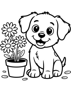 A puppy sitting beside a potted flower arrangement black and white silhouette
