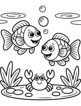 Two clownfish and a crab swim among coral a black silhouette