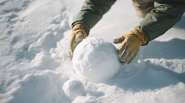 Close-up of hands wearing winter gloves shaping and packing fresh snow into a round snowball.