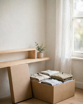 Cardboard box with neatly folded clothes beside an empty wooden shelf with a plant.