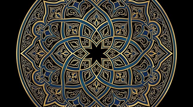 Ornate gold and blue Islamic mandala geometric pattern design.