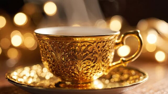 Steaming golden ornate cup and saucer with warm, festive bokeh lights.