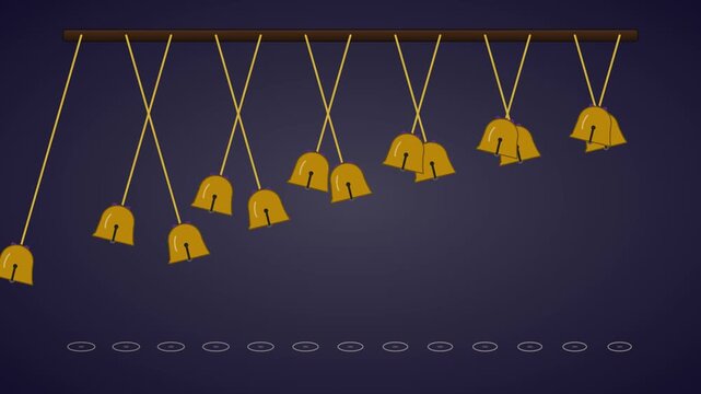A hypnotic pendulum wave of 12 brass sleigh bells swinging on golden strings, creating beautiful mathematical patterns and light flashes as they align.