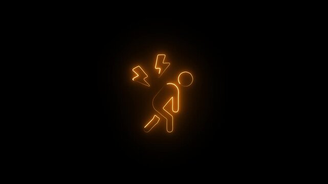 Low battery neon man icon. Abstract neon sing man tired icon.Low energy concept neon glowing battery icon above human solder.Tired, depleted human figure with a low energy symbol.