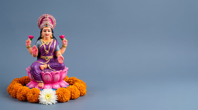 Clay idol of Goddess Lakshmi on pink lotus base with flower garland and copy space. Beautiful Goddess Lakshmi idol for Diwali festival celebration against smooth studio background with copy space.