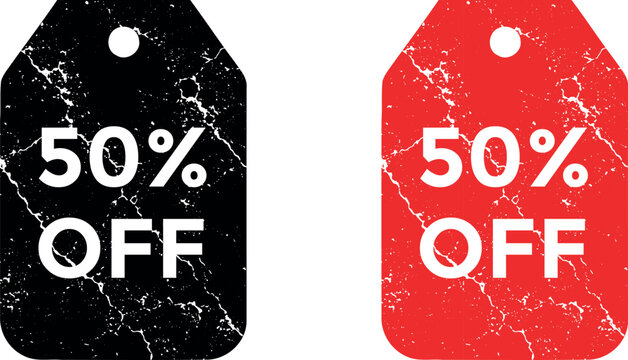Two sale tags displaying fifty percent off in black and red colors
