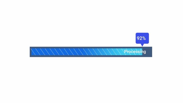 Minimal flat vector animation of a blue striped progress bar with a processing status label and floating indicator on a transparent background, ideal for software interfaces, data processing, loading 