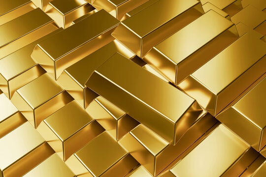 Stack of gold bars and bullion stacked together. Concept of wealth, financial investment, economy, precious metal, reserve, and banking security. 3D illustration