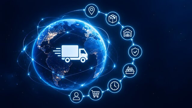 Global Logistics and Supply Chain Management Concept with Digital Delivery Truck and Networking Icons for Freight Transportation on Earth Globe World Map Background