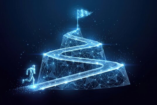 Digital glowing runner, mountain peak achievement, futuristic success