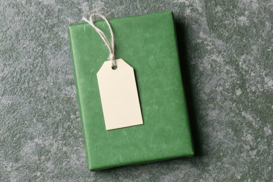 Green gift box with blank tag and twine on textured background