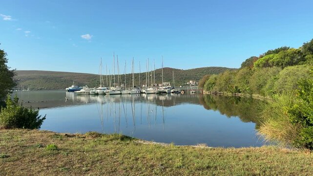 Moored Sailboats and Reflections in a Quiet Marina