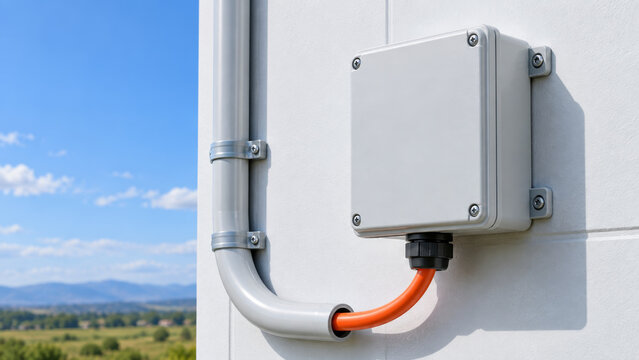 Electrical junction box with conduit and orange cable on industrial wall under clear blue sky, 3d rendering